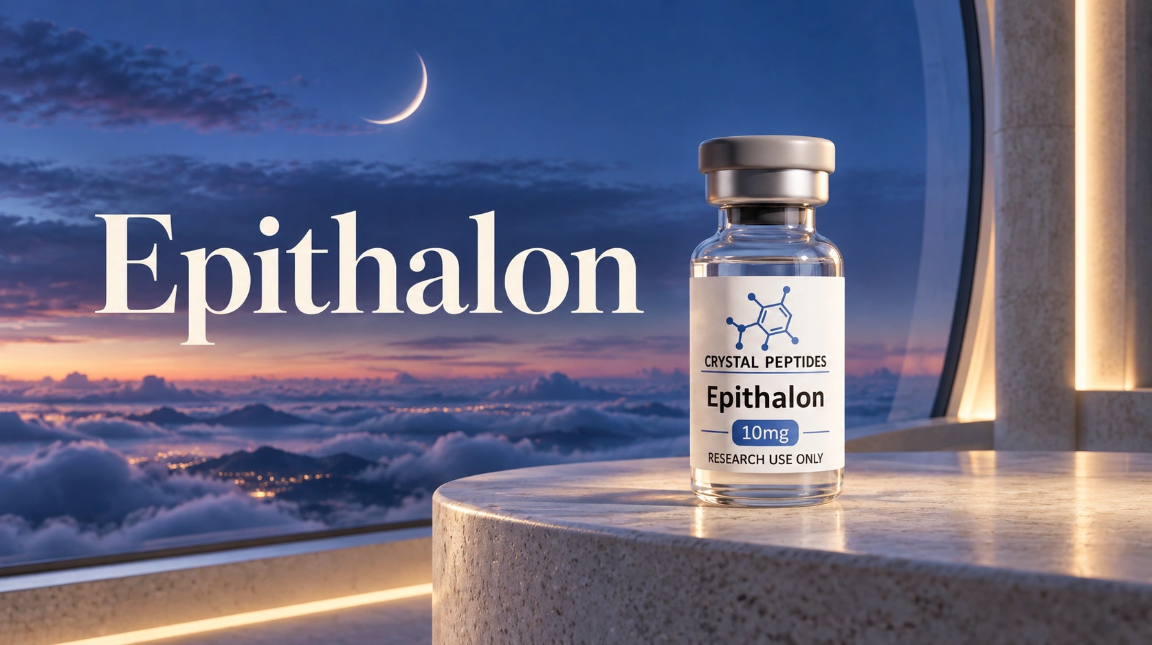 Epithalon research vial beside the embedded Epithalon cover title at twilight.