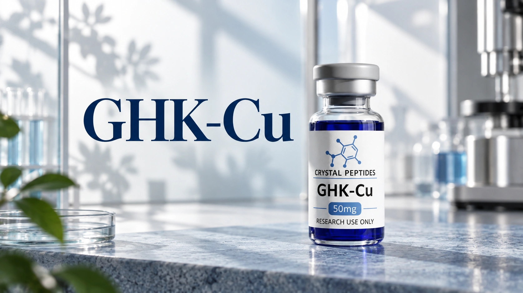 GHK-Cu research vial beside the embedded GHK-Cu cover title in a bright laboratory interior.