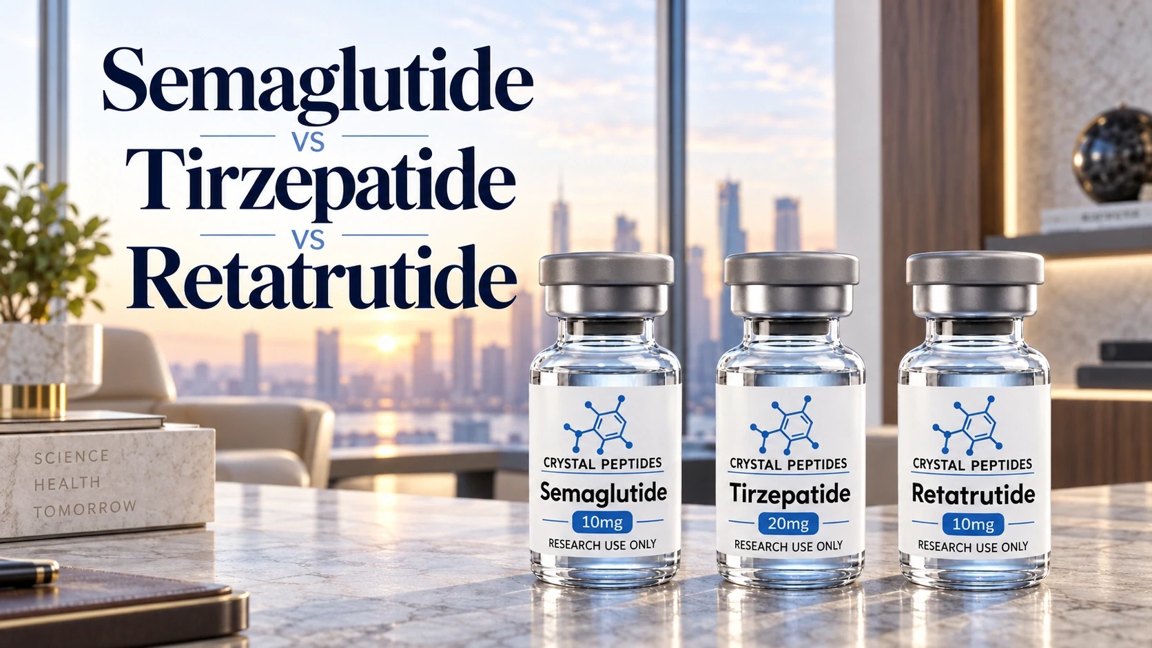 Semaglutide, Tirzepatide and Retatrutide research vials beside the comparison title in a bright interior.