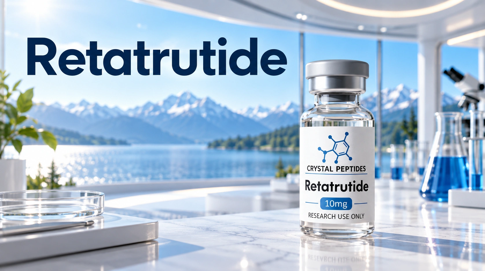 Retatrutide research vial beside the embedded Retatrutide cover title in a bright mountain-view laboratory.