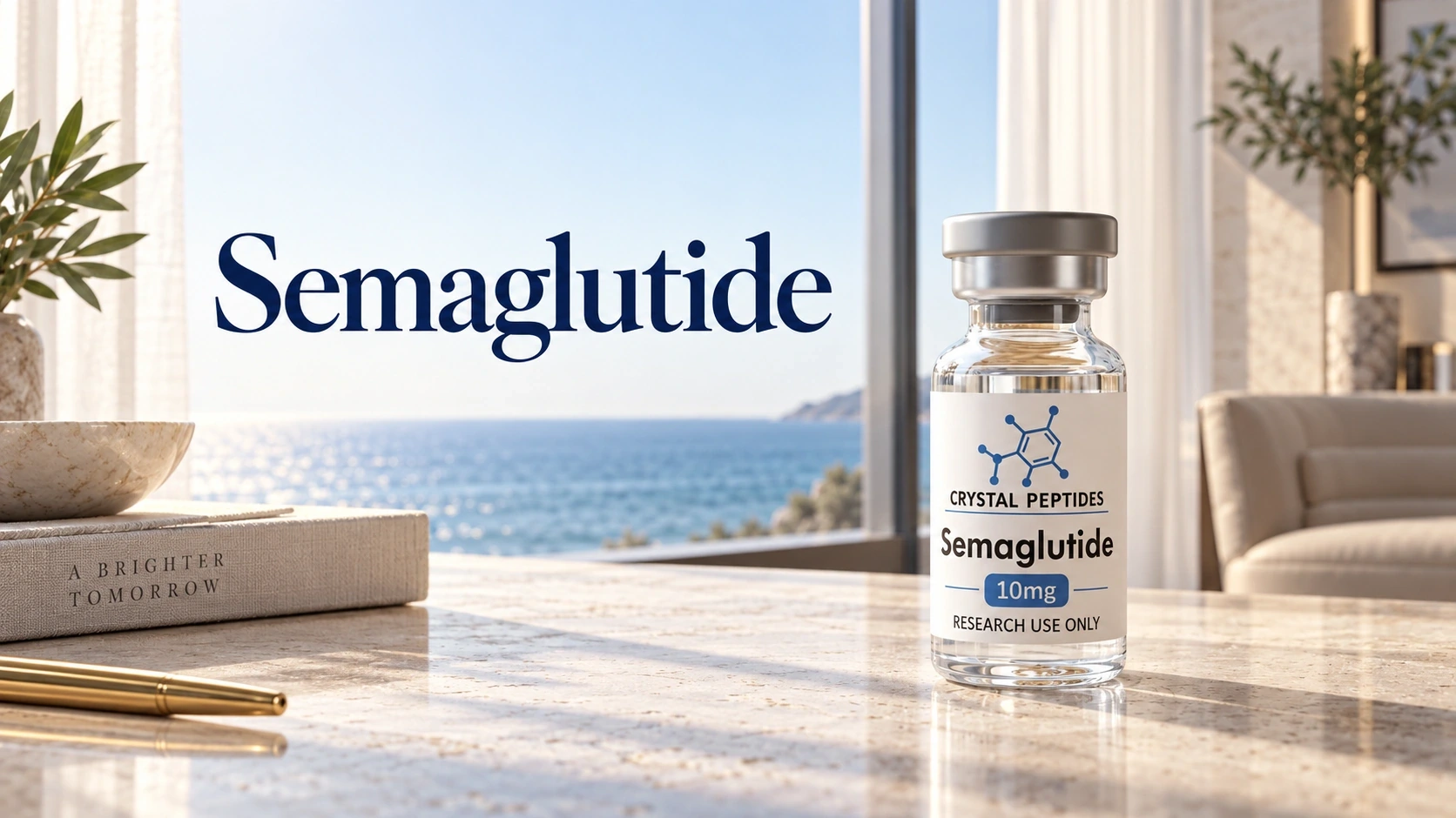 Semaglutide research vial beside a Semaglutide cover title in a bright coastal interior.