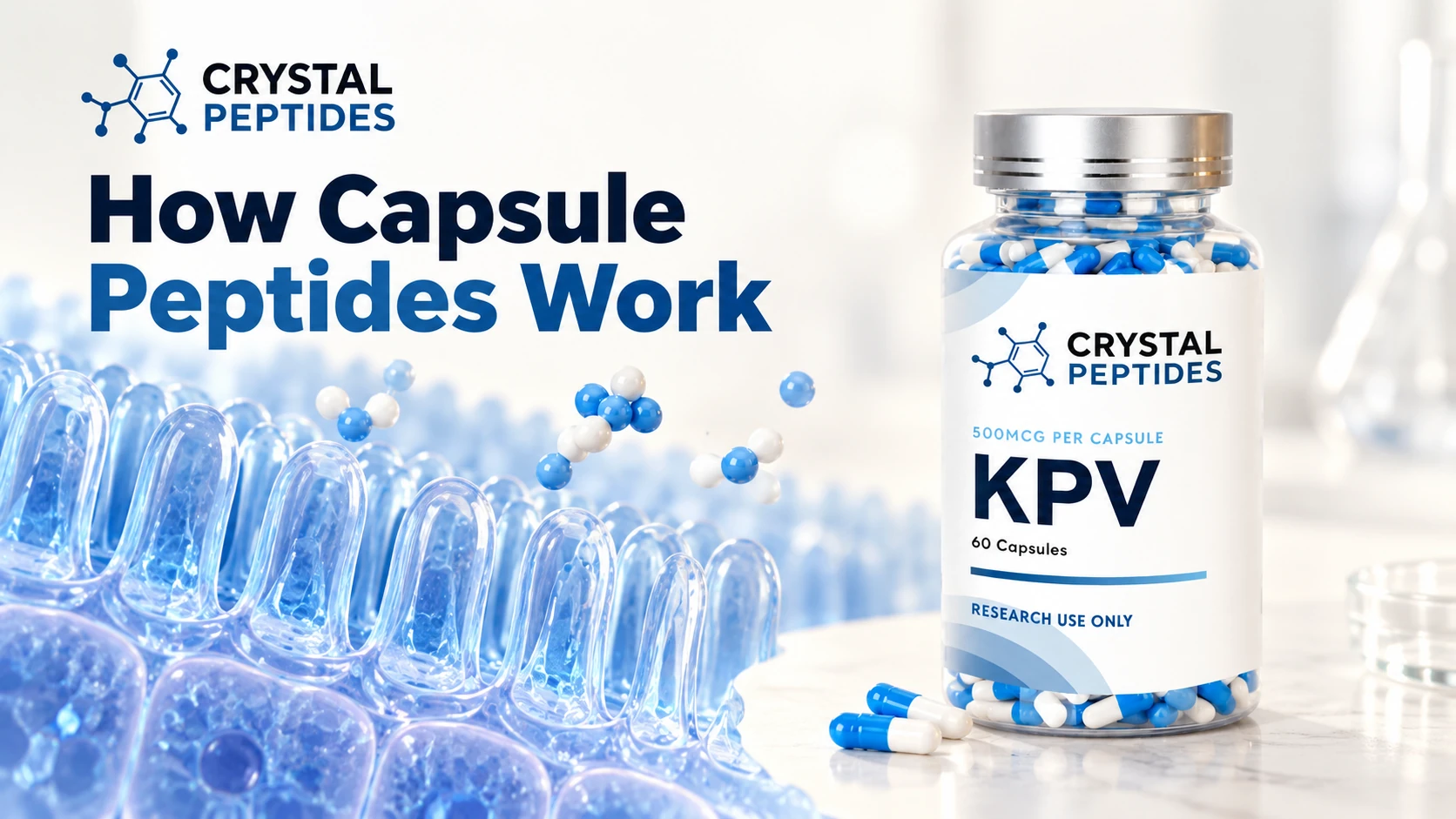 Crystal Peptides KPV capsule bottle beside a conceptual illustration of an intestinal surface.