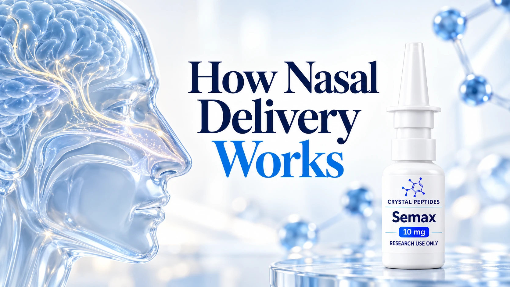 Branded nasal spray bottle in a conceptual nasal-delivery illustration.