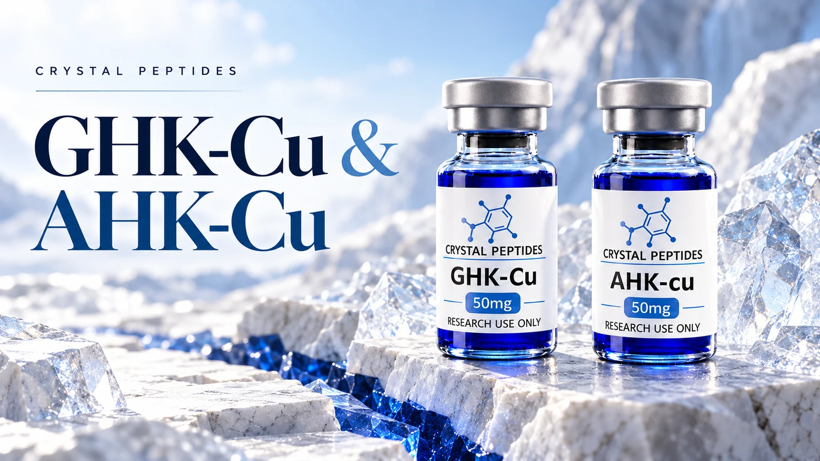 Editorial product illustration: GHK-Cu / AHK-Cu — Crystal Peptides.