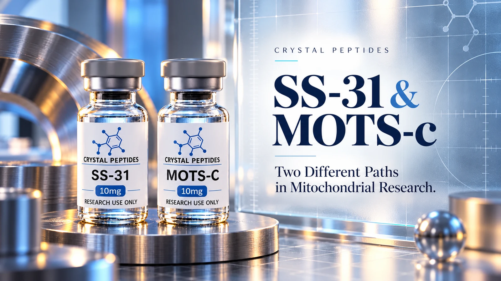 Editorial product illustration: SS-31 / MOTS-c — Crystal Peptides.