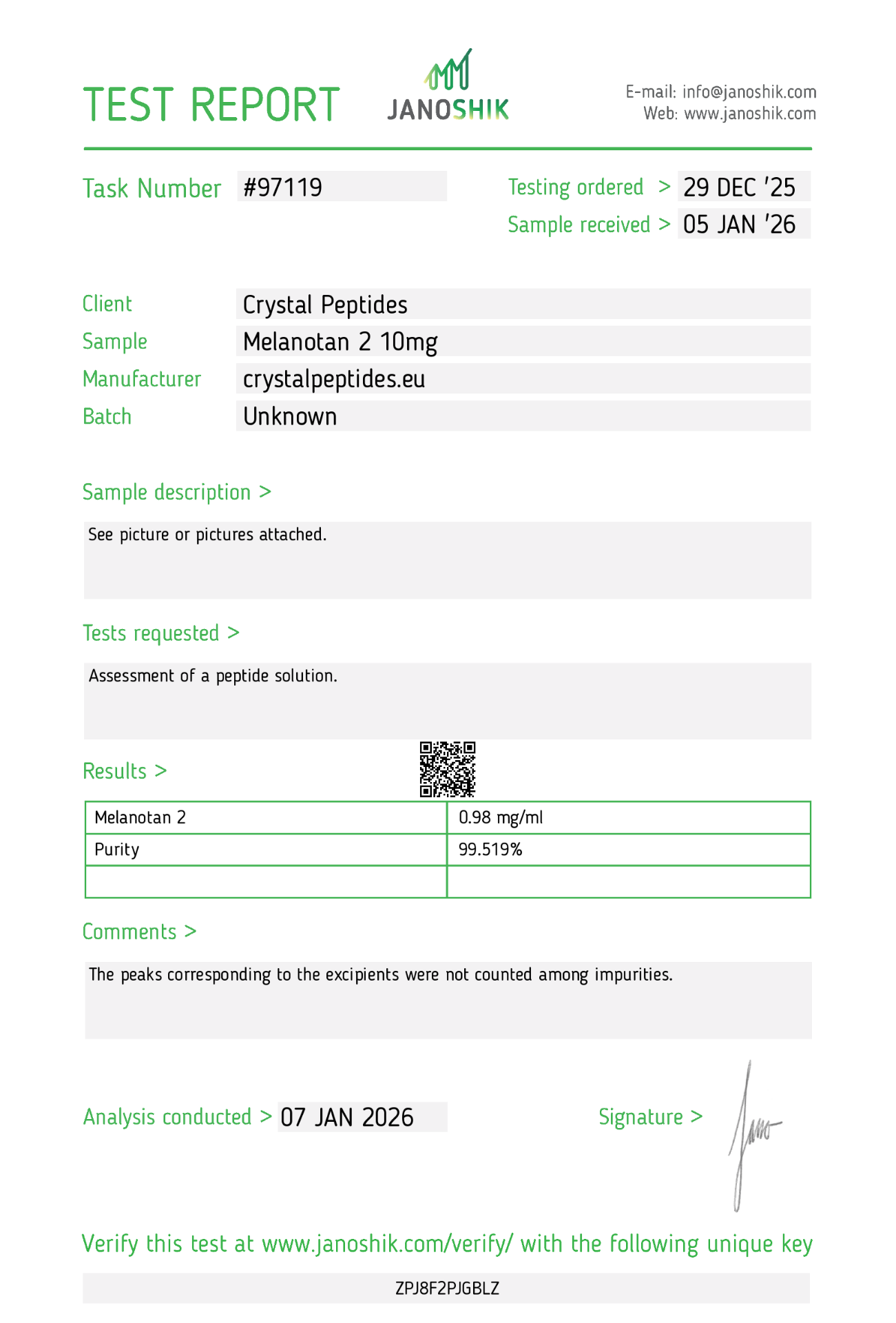 MT-2 (10mg/10ml) Purity & Identity Lab Test